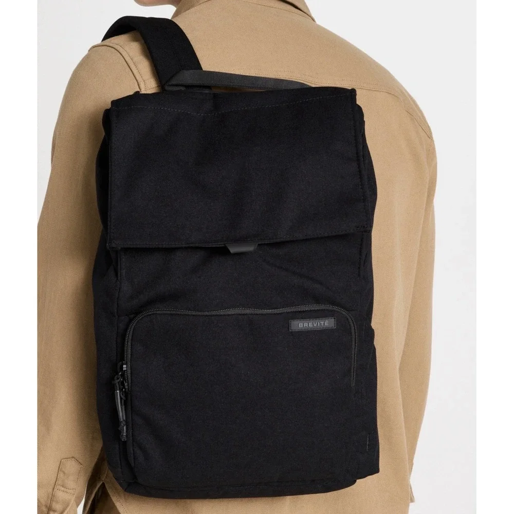 Brevite The Daily Backpack Polyester Canvas Triple Black Magnetic Snap NEW